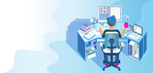 Learning online at home. Student sitting at desk and looking at computer monitor. E-learning banner. Web courses or tutorials concept. Distance education flat isometric illustration.
