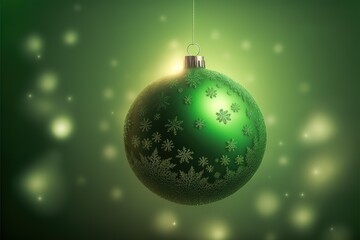 Obraz na płótnie Canvas shiny hanging christmas tree ball on green background, beautiful xmas decoration isolated with bright lights, greeting card for happy new year and merry christmas. Generative AI