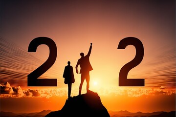 Silhouette businessman celebrating raising arms between word 2023 with sunset sky at Mountain and number like 2023 abstract background.concept of start with strategy,win,. Generative AI