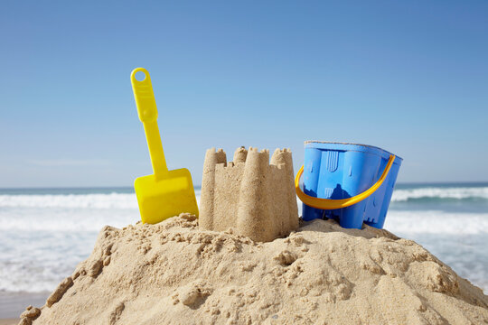 Sand Castle, Toy Bucket and Shovel at Beach, Biarritz, Pyrenees-Atlantiques, France