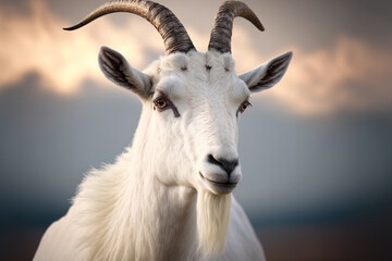Goat head with white horns against a blurred nature backdrop. Generative AI