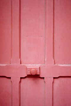 Close-up of Red Painted Wooden Door with Doorknob, Royan, Charente-Maritime, Poitou-Charentes, France