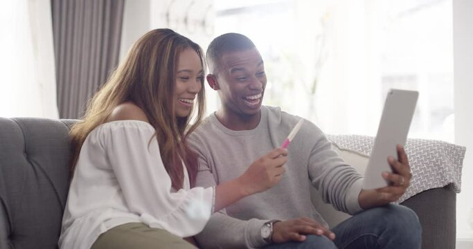 Announcement, video call and young couple pregnant, share good news and happy to connect, talking and cheerful. Love, black man and African American woman with device, pregnancy test or social media.