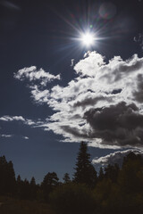Rocky mountain rural dirt road with fall foliage - bright blue sky