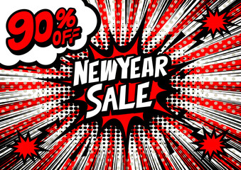 90%off New Year Sale retro typography pop art background, an explosion in comic book style.	

