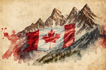 Watercolor Painting on Vintage Paper of Alpine Rocky Mountains with Canadian Flag 