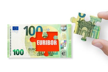 The concept of financial crisis and recession. 100 euros note isolated on a transparent background with with word EURIBOR. PNG file