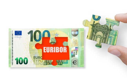 The concept of financial crisis and recession. 100 euros note isolated on a transparent background with with word EURIBOR. PNG file