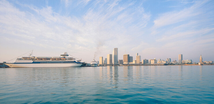 Cruise Ships Against Skyline, Miami, Florida, USA