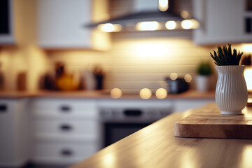 Table top and blurred kitchen room as background