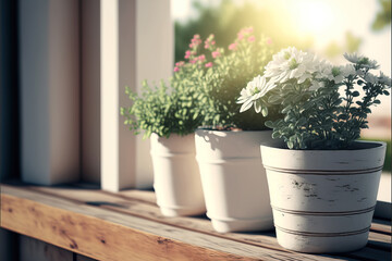 flower pots on a wooden window sill