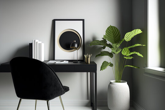 Elegant home office with a design chair, a black vase with a leaf, a sculpture, a book, and personal accessories in a minimalist composition. Copy space minimalist interior design. Template