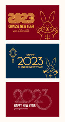 New Year 2023. The Year of the Rabbit. A set of New Year template for banners, invitations, greeting cards and posters. Design with a rabbit in traditional Chinese clothing