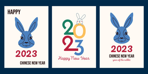 Chinese New Year 2023 modern design. A set of minimalist New Year's Eve templates for a cover, card, poster, web banner. Chinese rabbit symbol of the year.