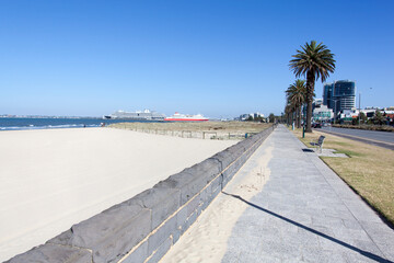 Melbourne Beach With Ferry Ships And A Seaside Street