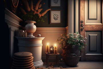 Elegant personal items and a stylish interior with a wooden design toilet, stool, dried flowers in a vase, carpet, and other distinctive decorations. Stylish living room in a historic home. Generative