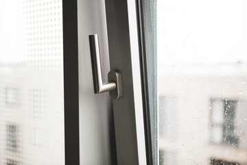 Stylish chrome handle on a dark window frame. - obrazy, fototapety, plakaty