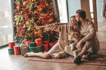 Candid authentic happy married couple spends time together with japanese dog at Xmas lodge