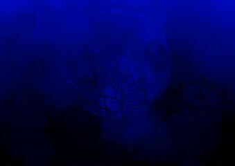 illustration, dark moonlit night, with trees in the background