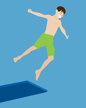 Boy jumping into a pool. Editable vector