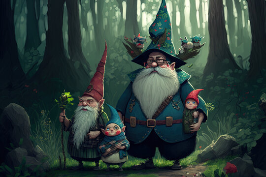 Fantastical gnome family in a forest. Generative AI