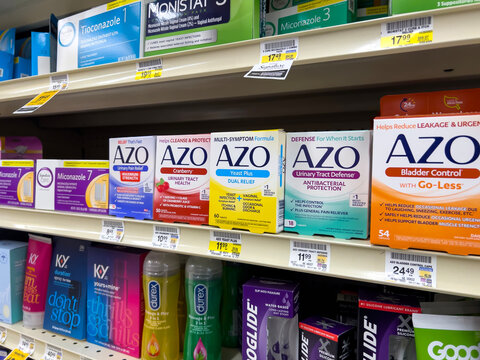 Seattle, WA USA - circa December 2022: Angled view of urinary health products for sale inside a grocery store.