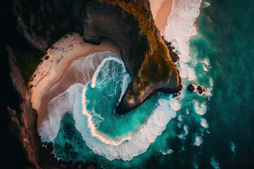 From above, a beautiful sea wave at sunset lovely deserted beach at dusk. Aerial image of the turquoise waters in Bali, Indonesia's Nusa Penida Island's Kelingking Beach. Bali's beaches. Generative AI - obrazy, fototapety, plakaty