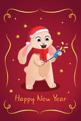 Chinese New Year 2023 is the year of the rabbit, the symbol of the Chinese zodiac. Cute Christmas Bunny. Postcard template