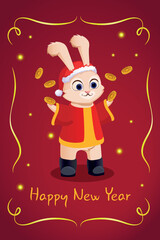 Chinese New Year 2023 is the year of the rabbit, the symbol of the Chinese zodiac. Cute Christmas Bunny. Postcard template