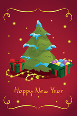 Chinese New Year 2023 is the year of the rabbit. Christmas tree in the snow and presents. Postcard template