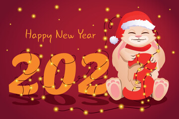 2023 Happy Chinese New Year background design. The rabbit holds a figurine entwined with garlands. Postcard, banner, poster. Vector illustration.