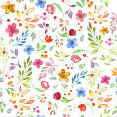 Watercolor seamless pattern with abstract  flowers, leaves, branches, berries. Hand drawn floral illustration isolated on white background. For packaging, wrapping design or print.