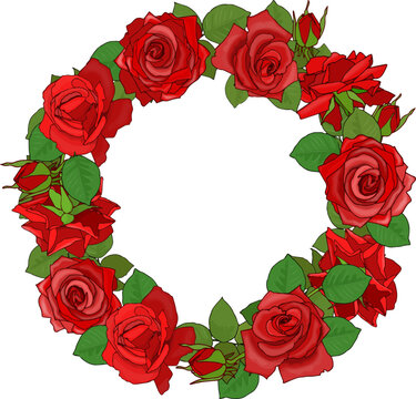 A wreath of red roses painted on a transparent background.