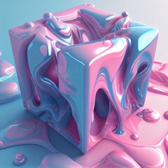 3D render of the liquid melting ice box. Colorful mixture liquid art. Purple and Blue colors