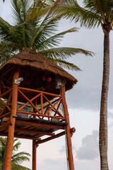 cabane au toit de paille en hauteur sur le bord de la plage lors d'une journée au ciel ennuagé