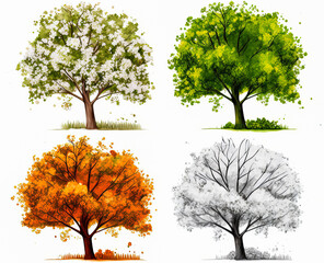 The 4 seasons of the year with the same tree evoking the snowy winter, the spring in bloom, the orange autumn and the green summer, all on a white background.