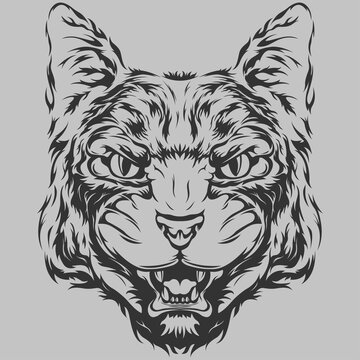 Evil cat isolated illustration. Black color on white background image. Wild animal design tattoo.