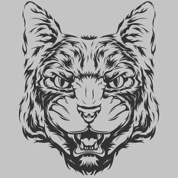 Evil cat isolated illustration. Black color on white background image. Wild animal design tattoo.