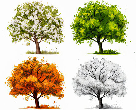 The 4 seasons of the year with the same tree evoking the snowy winter, the spring in bloom, the orange autumn and the green summer, all on a white background.