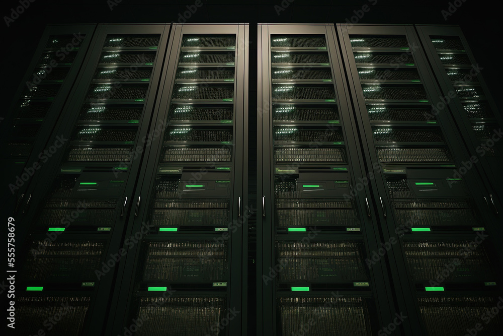 Poster data center containing computers and storage devices and dark servers. generative ai