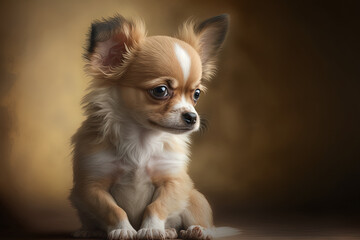 Cute small Chihuahua mix puppy, age three months, sitting and gazing downward while licking lips. Generative AI