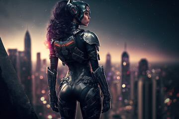 Fototapeta premium Cyborg woman perched on her haunches on the edge of a towering building's concrete roof, gazing down over the city at night. Sci fi gal with jet pack and helmet wearing futuristic black armor suit