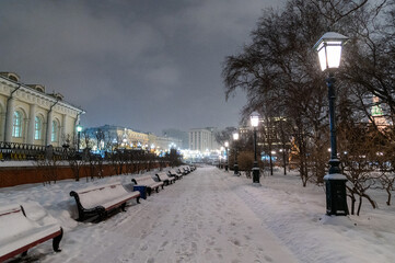 Moscow, Russia - December 17, 2022: Snow-covered streets and houses of cold and winter Moscow - 555759277