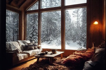 Cabin cozy room over looking snowy forest