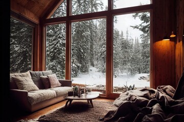 Cabin morning in the window overlooking snowy forest