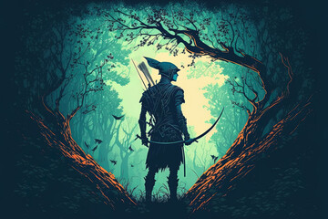 Digitally created illustration of an archer poised on a tree in a magical forest. Generative AI