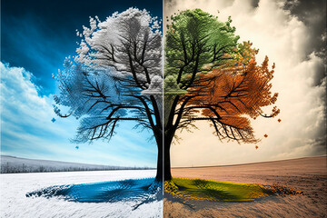 A tree representing the 4 seasons and the annual cycle of nature, with rich and varied colors. Autumn, summer, winter and spring. A resurrection of the beauty of nature.