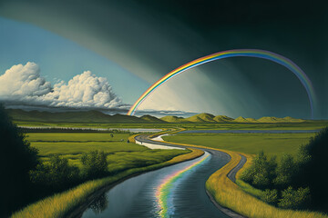 Daytime scene of a river in the center of a road and a green field with a distant rainbow. Generative AI