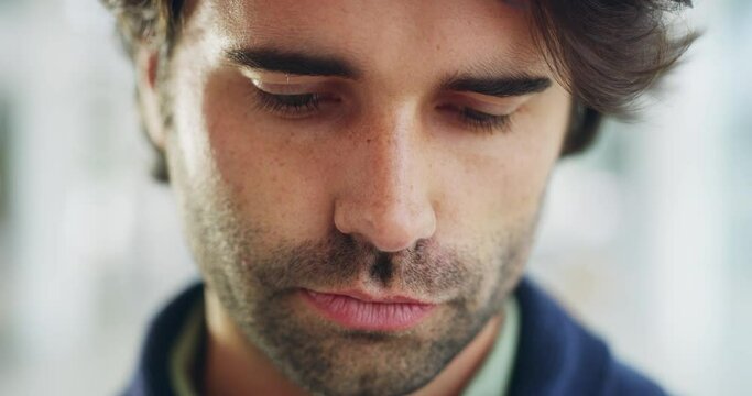Portrait of young man, serious face and thinking of idea with focus look in brown eyes for Mexico business profile. Modern businessman, angry expression on face and corporate person determined look