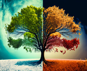 A tree is represented in different states, reflecting the four seasons of the year. Ideal for adding a visual touch to creative marketing and storytelling campaigns.